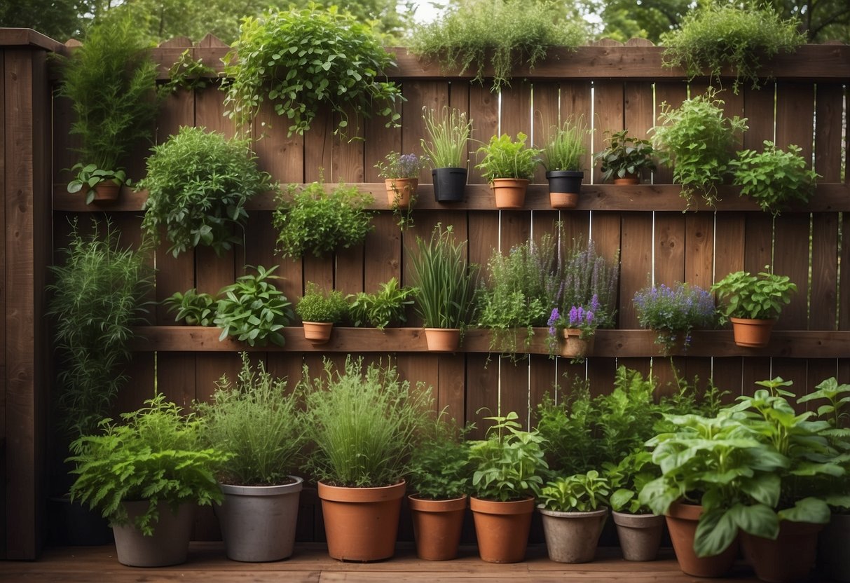 A tall vertical herb garden stands against a rustic wooden fence, filled with aromatic plants and vibrant green foliage, creating a lush and inviting display in a North Texas garden