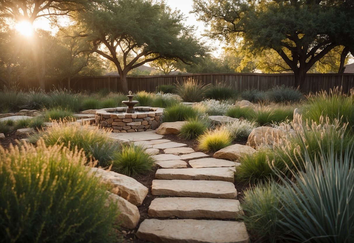 A sunny North Texas garden with drought-resistant plants, a stone pathway, and a small water feature surrounded by native grasses