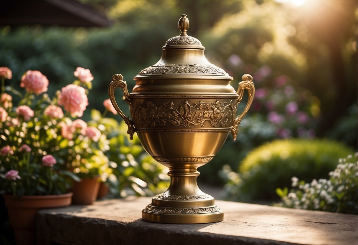 An antique brass urn sits in a lush garden, filled with vibrant flowers and surrounded by greenery. Sunlight filters through the leaves, casting a warm glow on the ornate vase