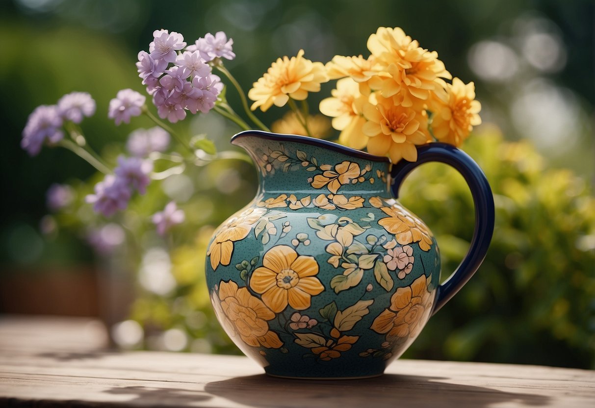 A colorful ceramic pitcher sits among blooming flowers and lush greenery, serving as a charming garden vase