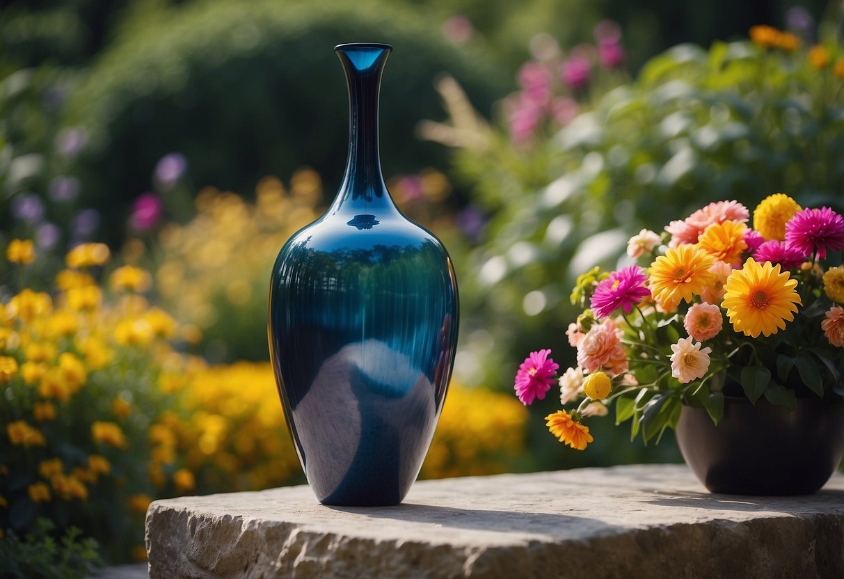 A sleek, angular glass vase sits atop a stone pedestal in a contemporary garden, surrounded by vibrant, geometrically arranged flowers and foliage