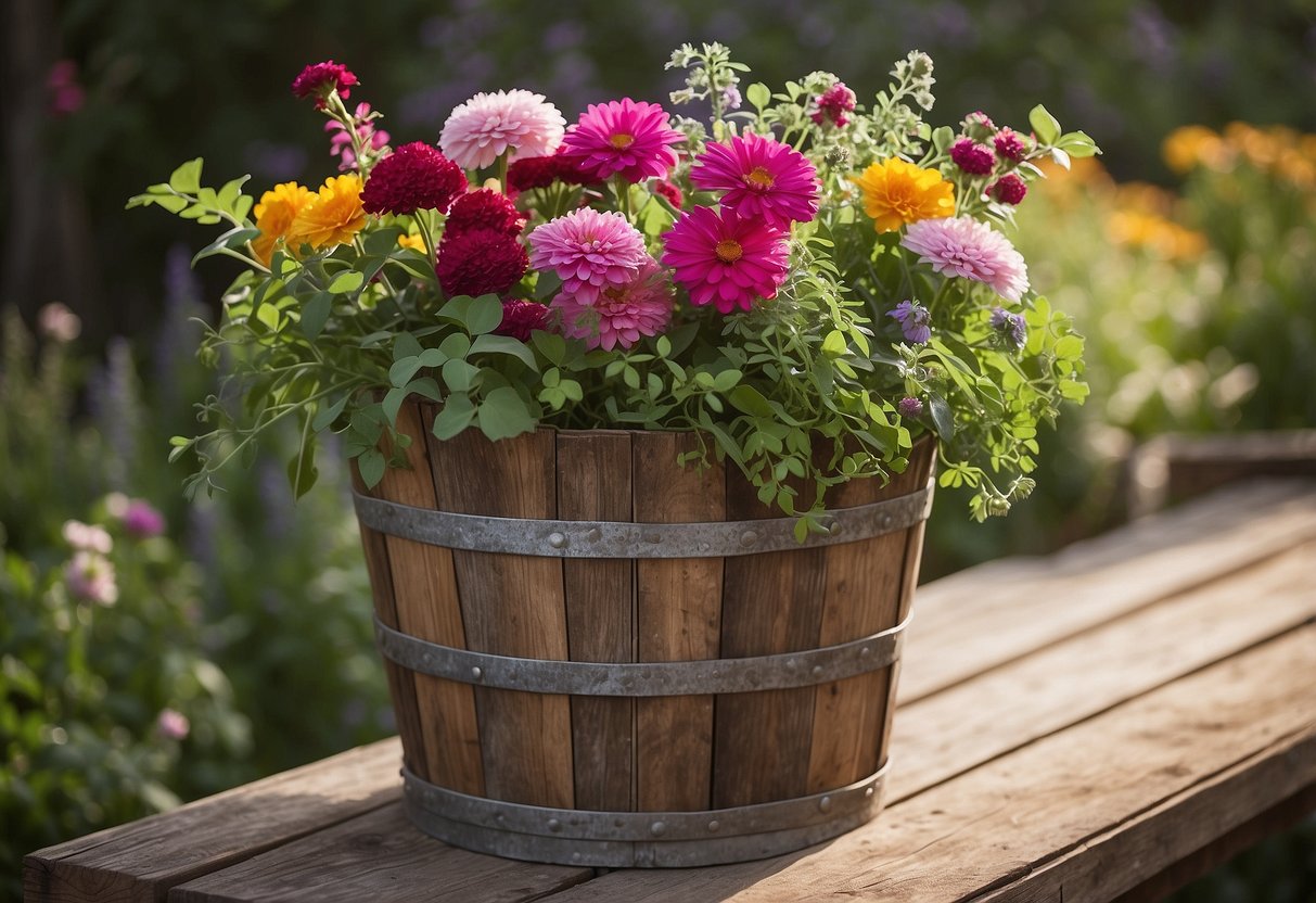 A rustic wooden bucket filled with vibrant flowers and greenery, placed on a weathered garden table