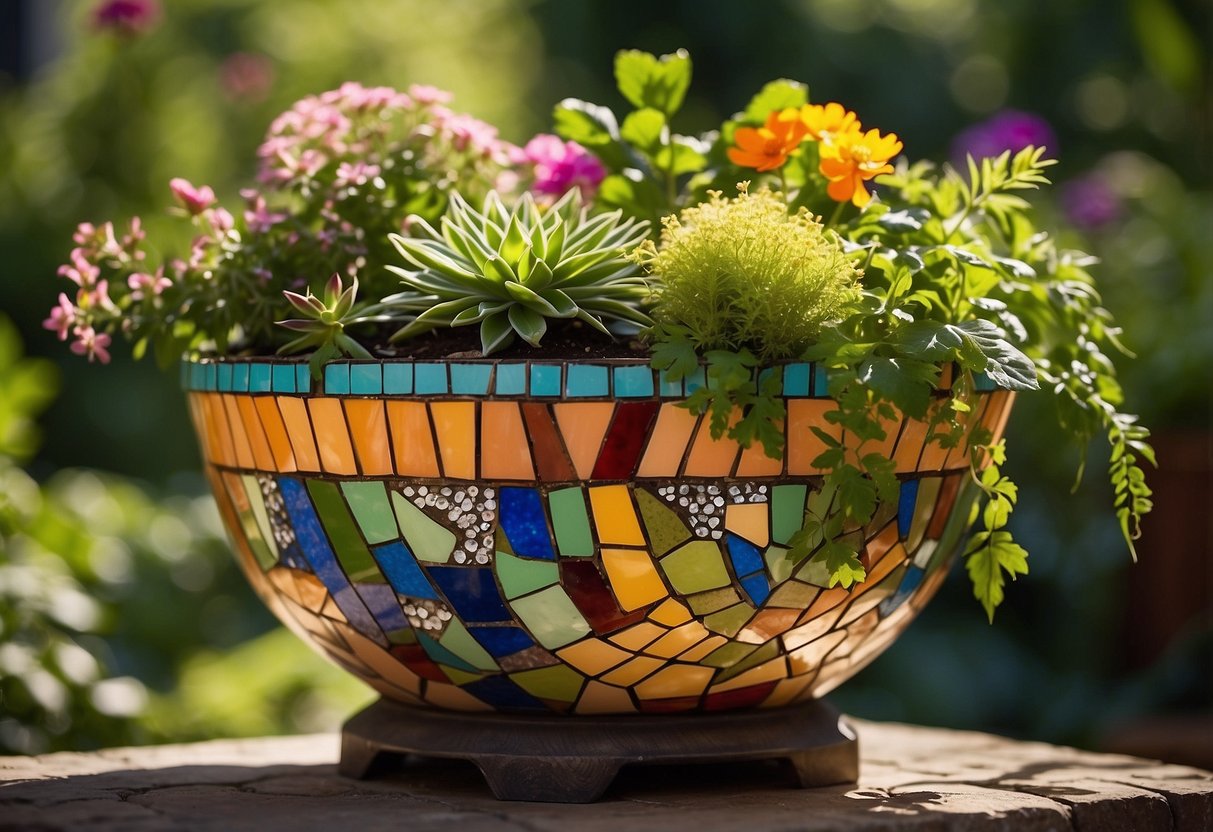 A vibrant mosaic planter filled with a variety of colorful flowers and plants, set against a backdrop of lush greenery and dappled sunlight