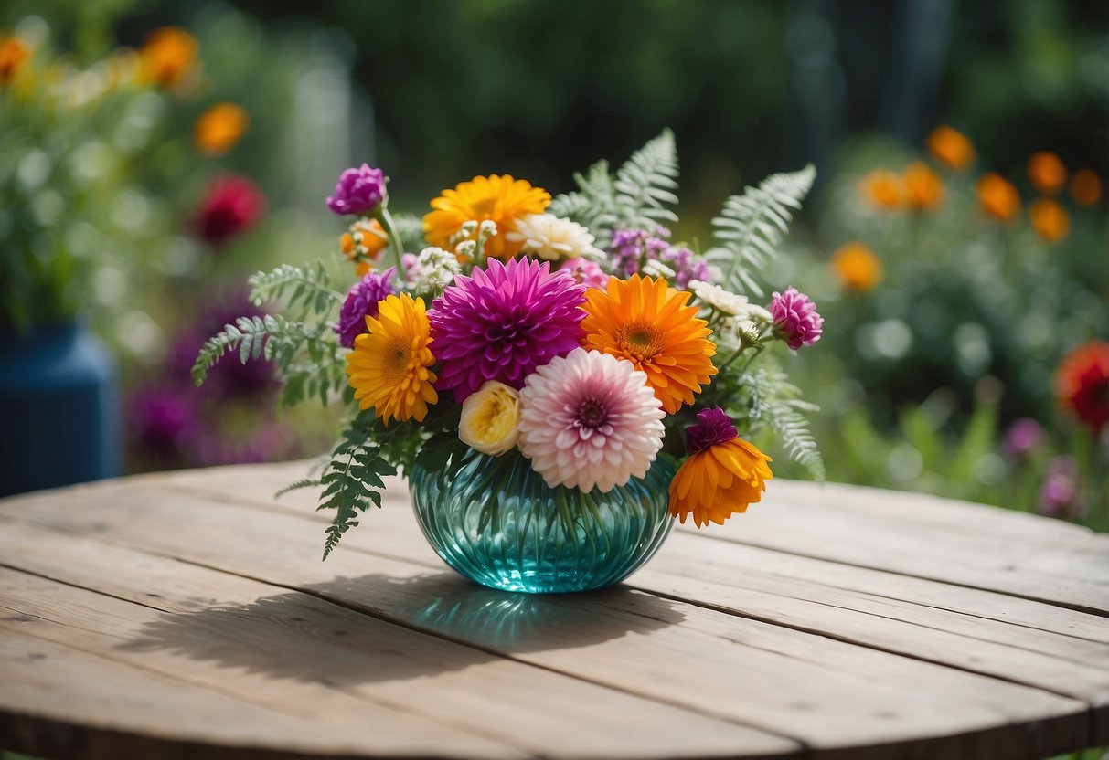 A hand-blown glass bouquet holder sits on a garden table, surrounded by vibrant flowers and foliage