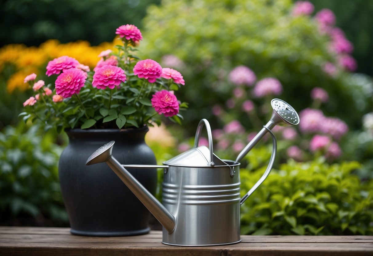 A decorative metal watering can sits among blooming flowers in a lush garden, serving as a unique and charming vase for the vibrant blooms