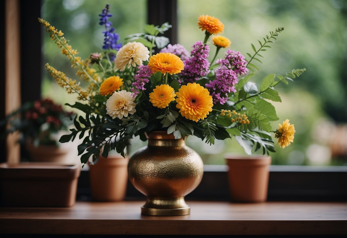 A variety of colorful flowers and foliage arranged in a decorative vase, showcasing different textures and heights for visual interest