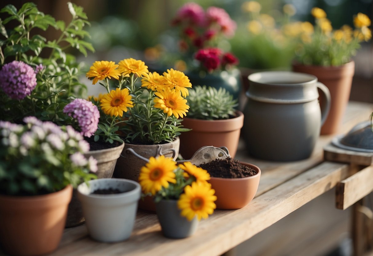 A table with various gardening tools and supplies, including soil, plants, and decorative vases. A person is shown arranging flowers in a vase