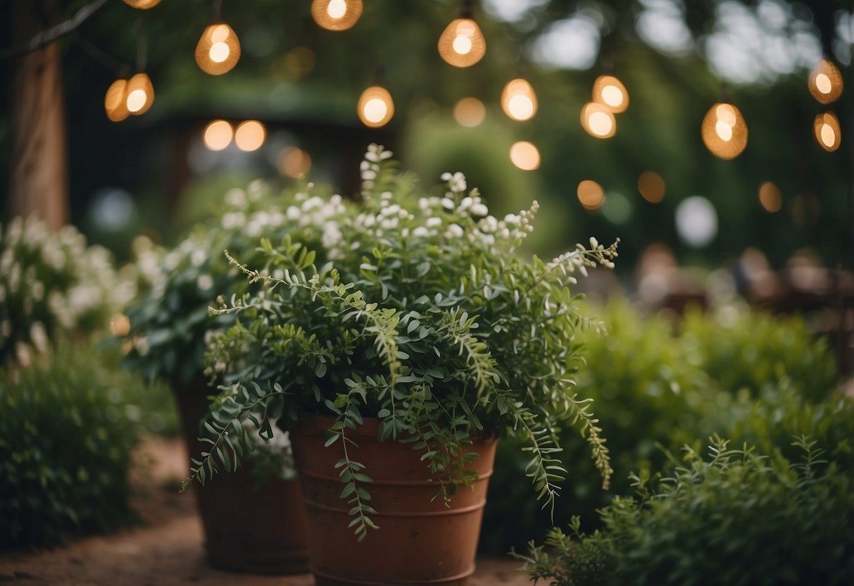 Lush greenery and twinkling lights adorn a garden wedding, with repurposed decorations adding a touch of rustic charm