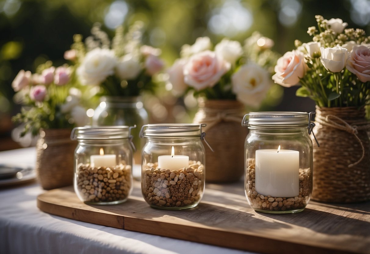 A table is set with jars of homemade wedding favors, surrounded by budget-friendly garden decorations