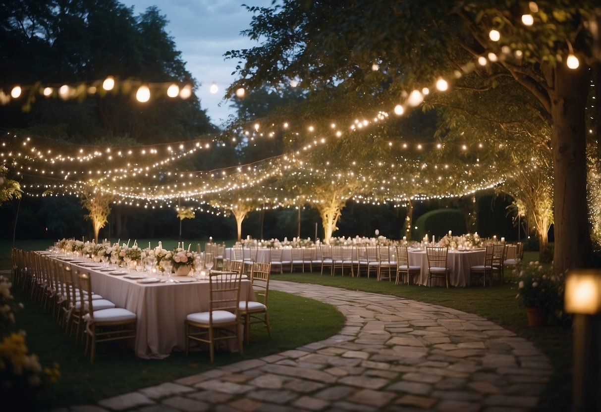 A garden wedding with a canopy of twinkling fairy lights, creating a magical and romantic atmosphere