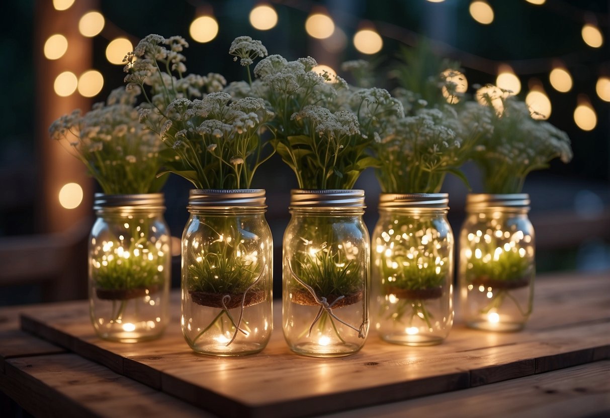 Mason jars filled with wildflowers and placed on rustic wooden tables, surrounded by twinkling fairy lights and greenery