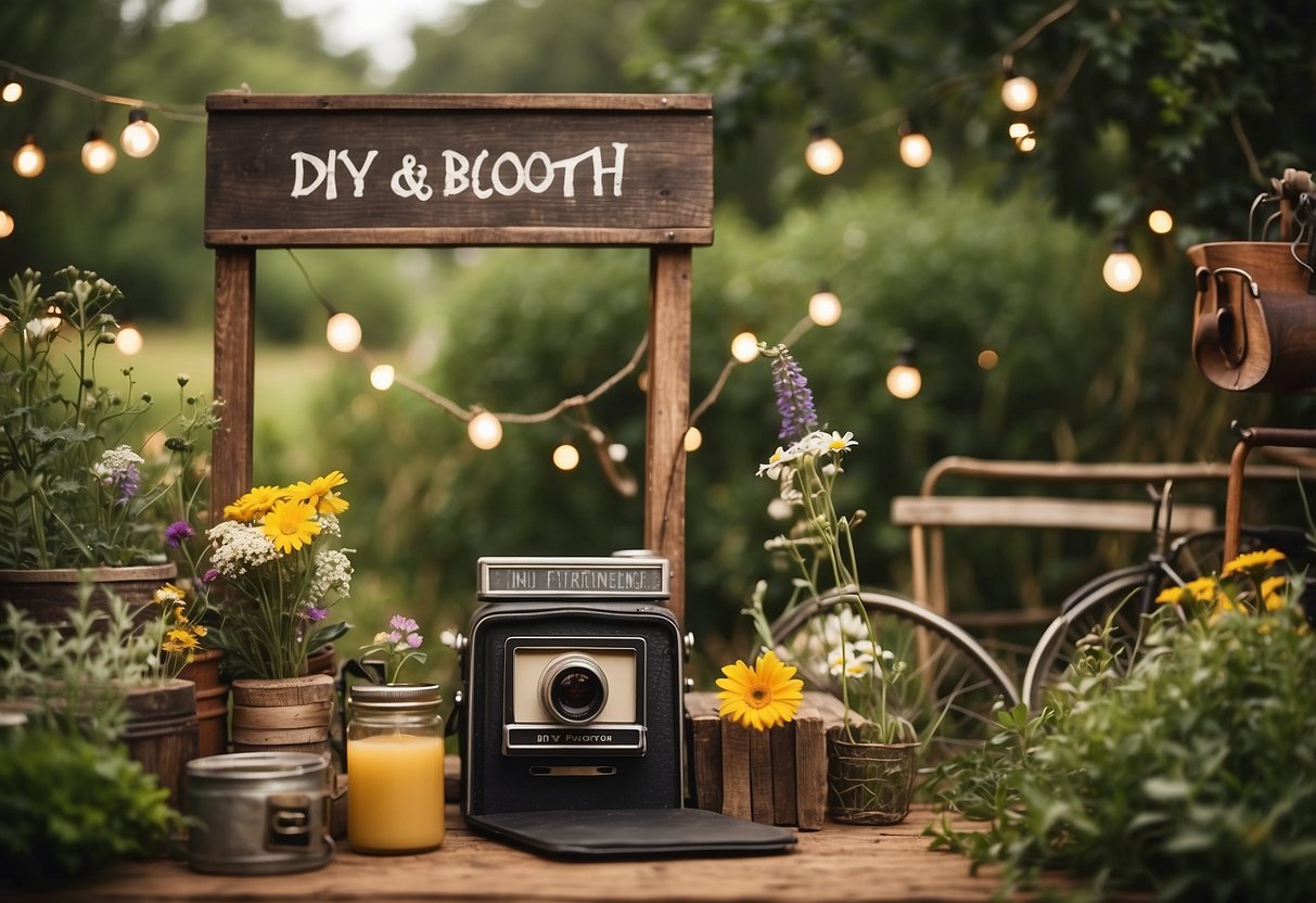 A rustic garden setting with a handmade photo booth, adorned with fairy lights and wildflowers. A sign reads "DIY Photo Booth" with a vintage camera and props nearby