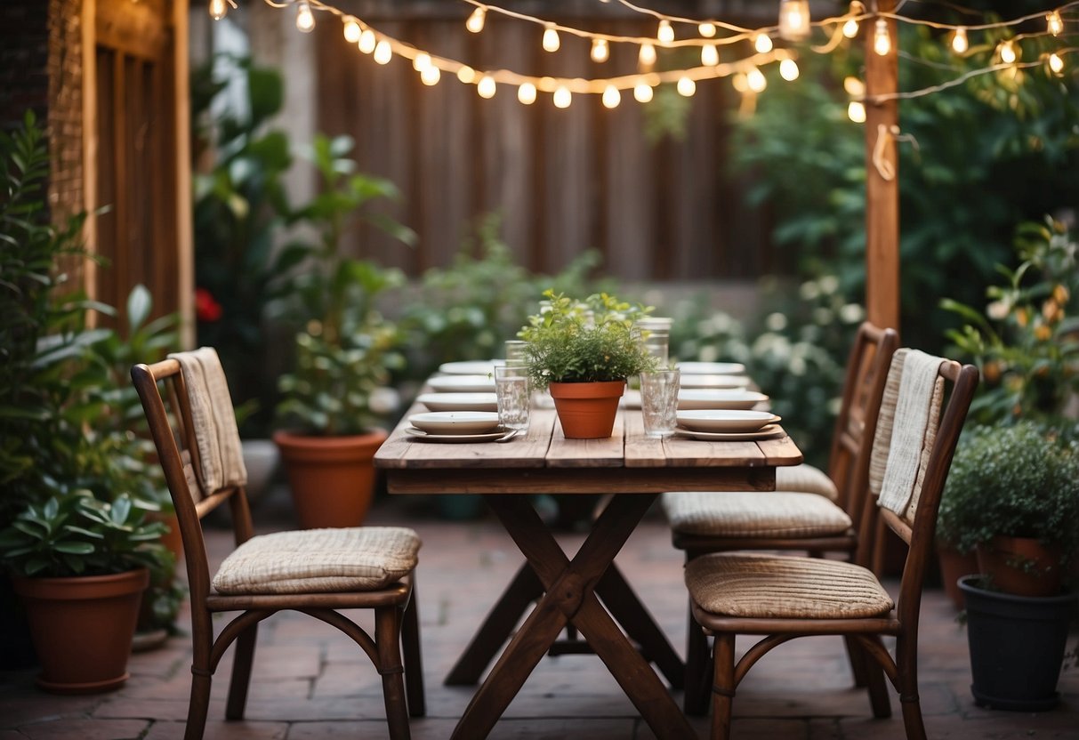 A table set with mismatched vintage plates on a rustic garden patio, surrounded by potted plants and string lights