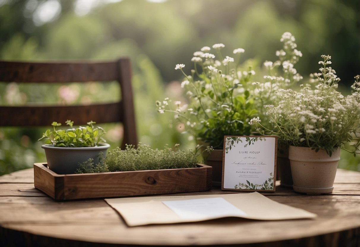 A quaint herb garden with blooming flowers and lush greenery, a rustic wooden table adorned with elegant wedding invitations, surrounded by the natural beauty of the outdoors