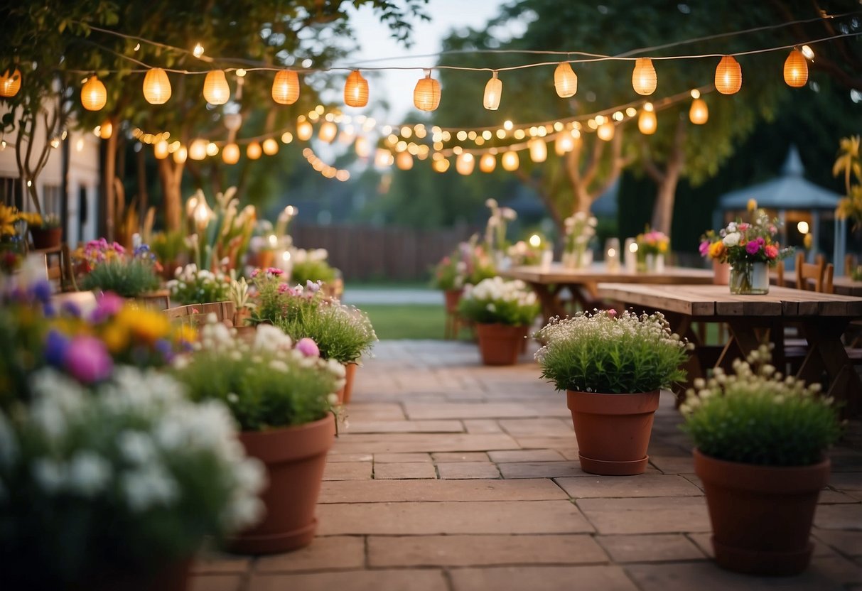 A garden adorned with string lights, paper lanterns, and colorful bunting. Potted plants and wildflowers line the aisles, creating a whimsical and budget-friendly atmosphere for a wedding celebration