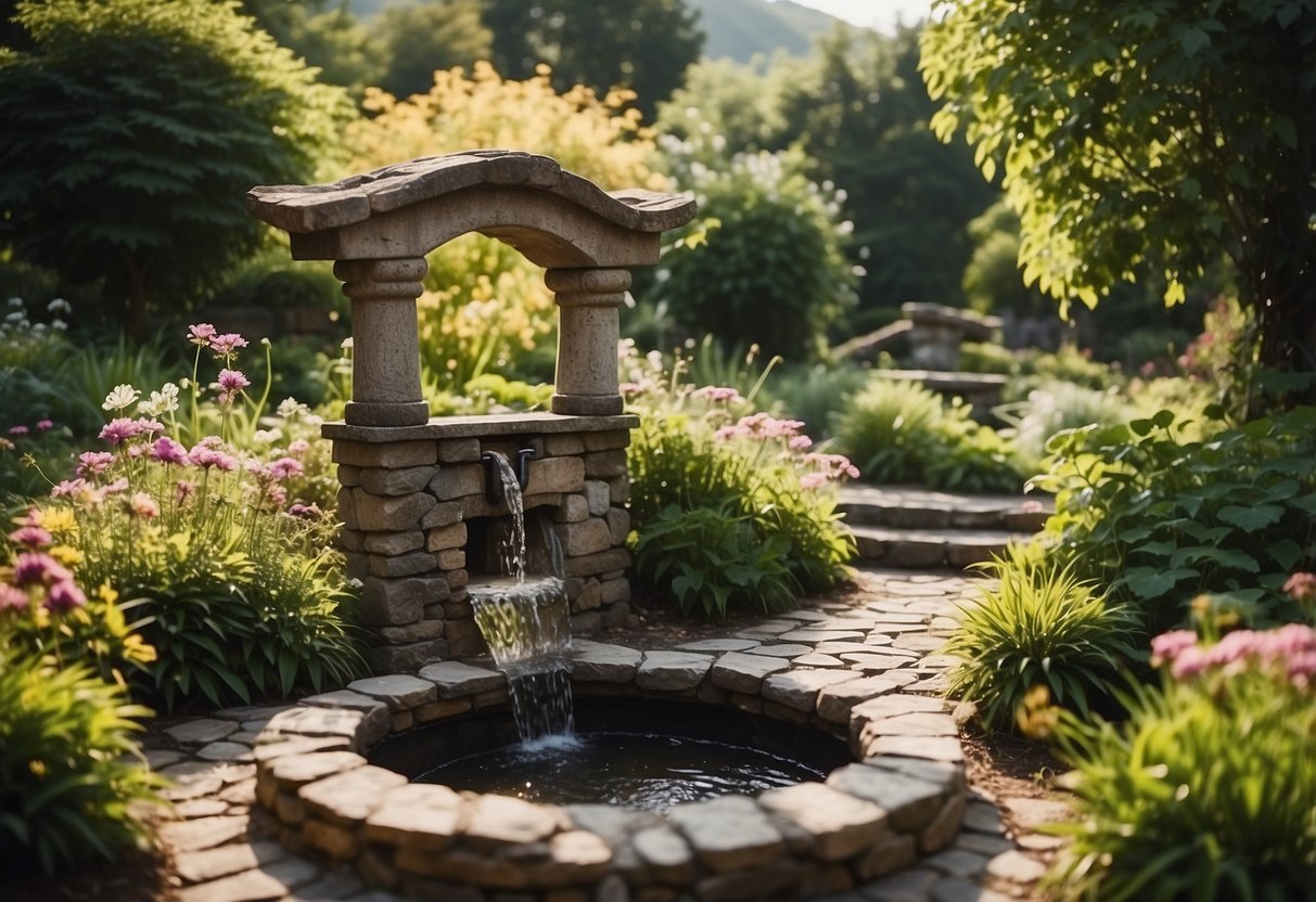 A stone wishing well nestled in a lush garden, surrounded by vibrant flowers and winding vines, with a gentle stream flowing nearby