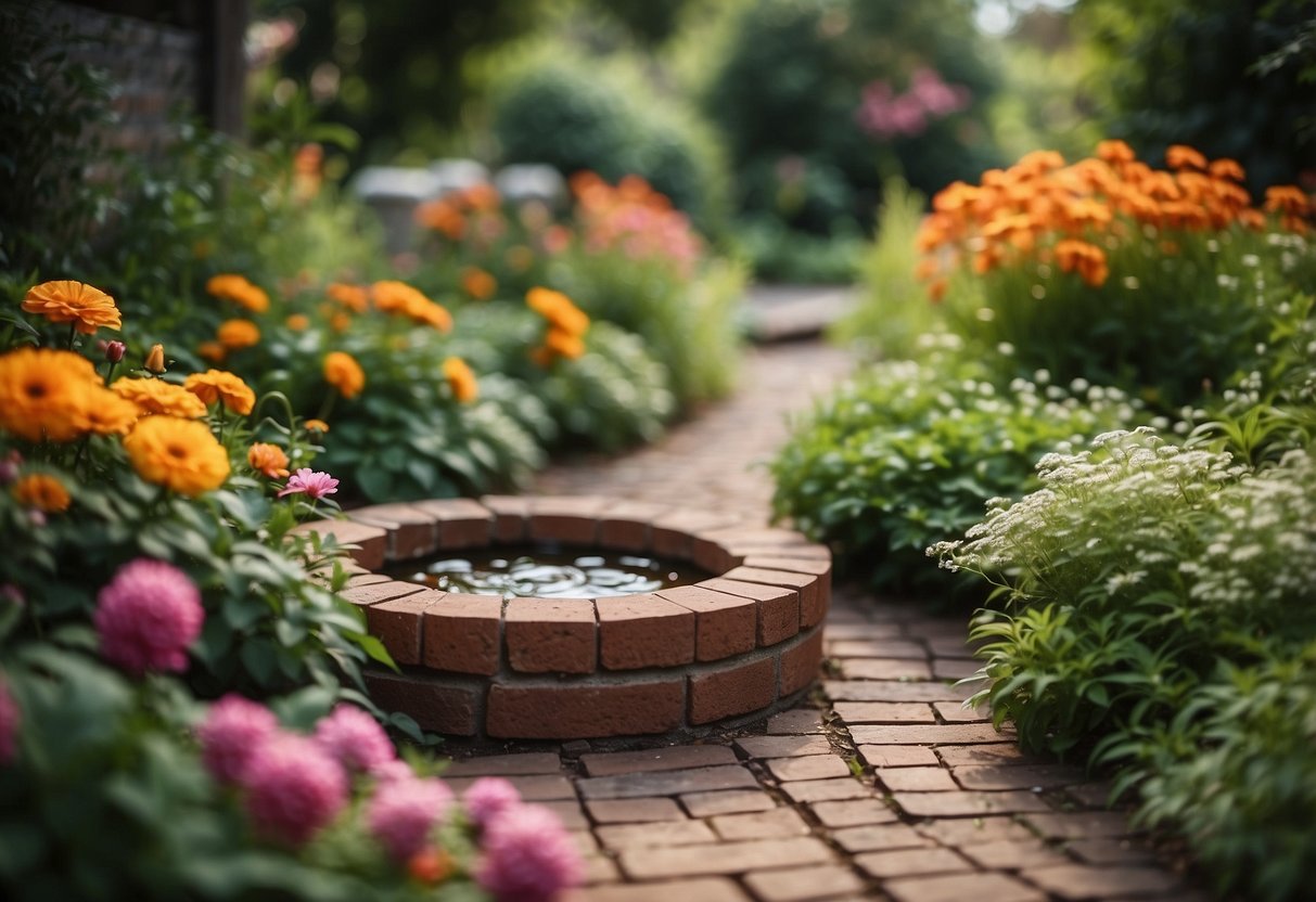 A small brick well surrounded by lush greenery and colorful flowers, with a winding path leading to it