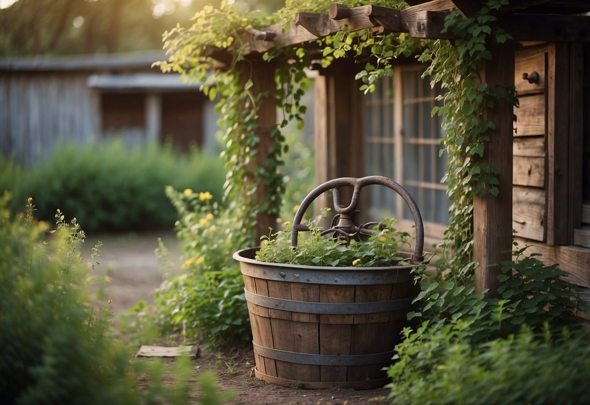 A rustic iron well surrounded by overgrown vines and flowers, with a quaint wooden bucket and crank