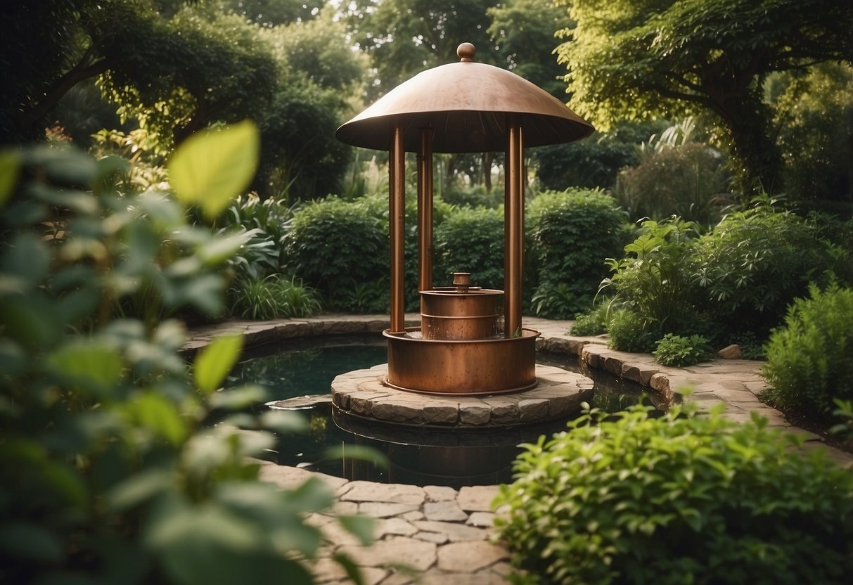 A rustic copper water well surrounded by lush garden greenery