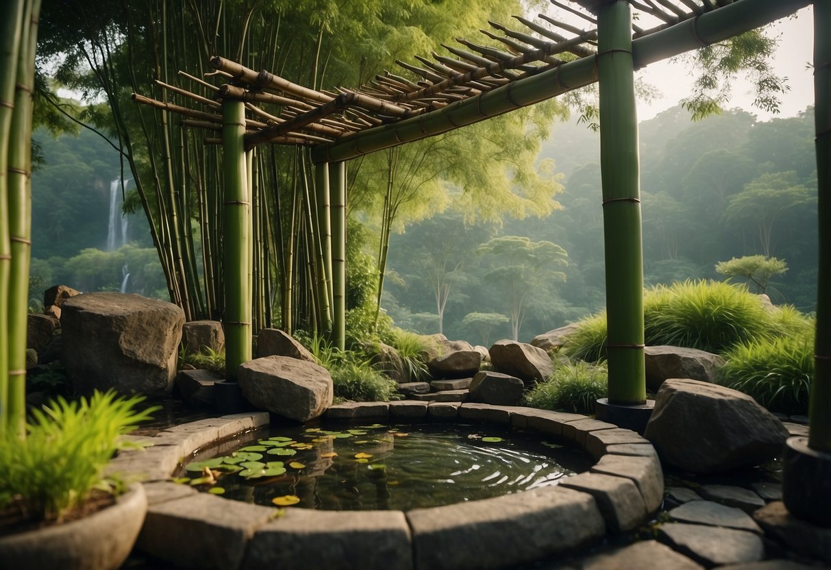 A serene bamboo garden with a traditional stone well nestled among lush greenery and delicate bamboo shoots