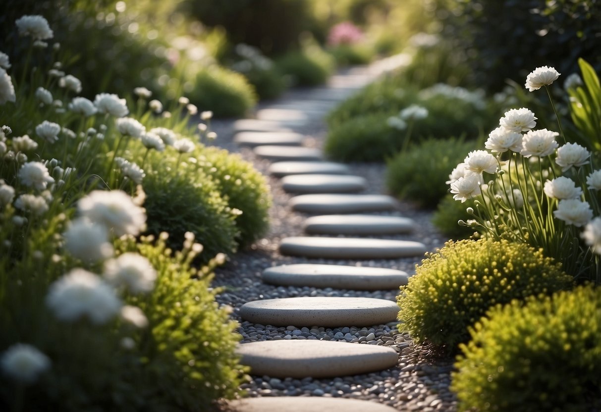 A winding pathway of smooth grey pebbles meanders through a peaceful garden, bordered by lush greenery and delicate flowers