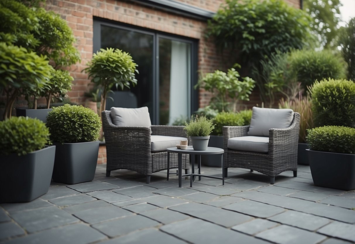 A slate patio with grey garden furniture and potted plants