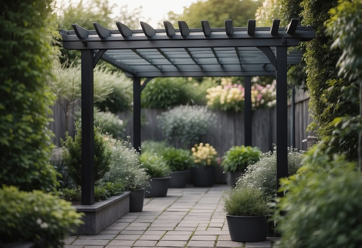 A charcoal grey pergola stands in a tranquil garden, surrounded by grey-toned plants and decor