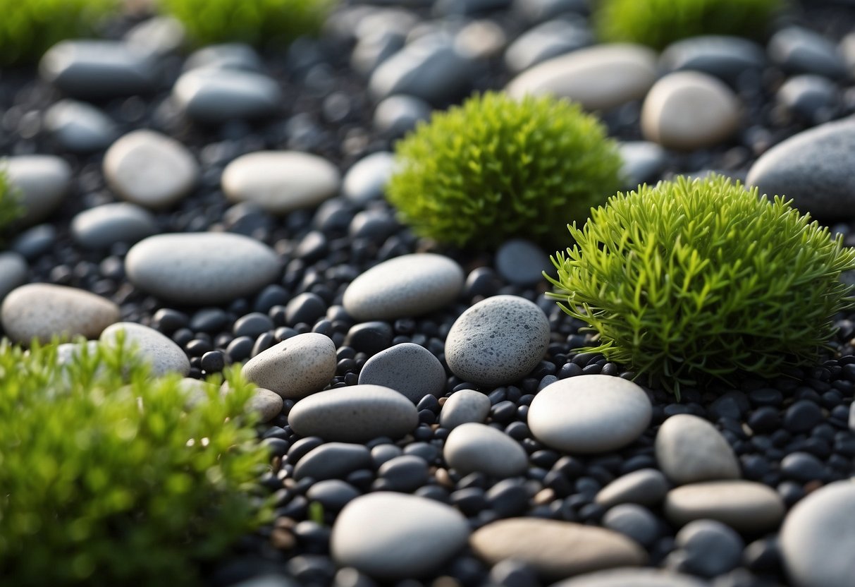 A gravel garden with grey graphite stones, surrounded by green foliage and minimalistic design