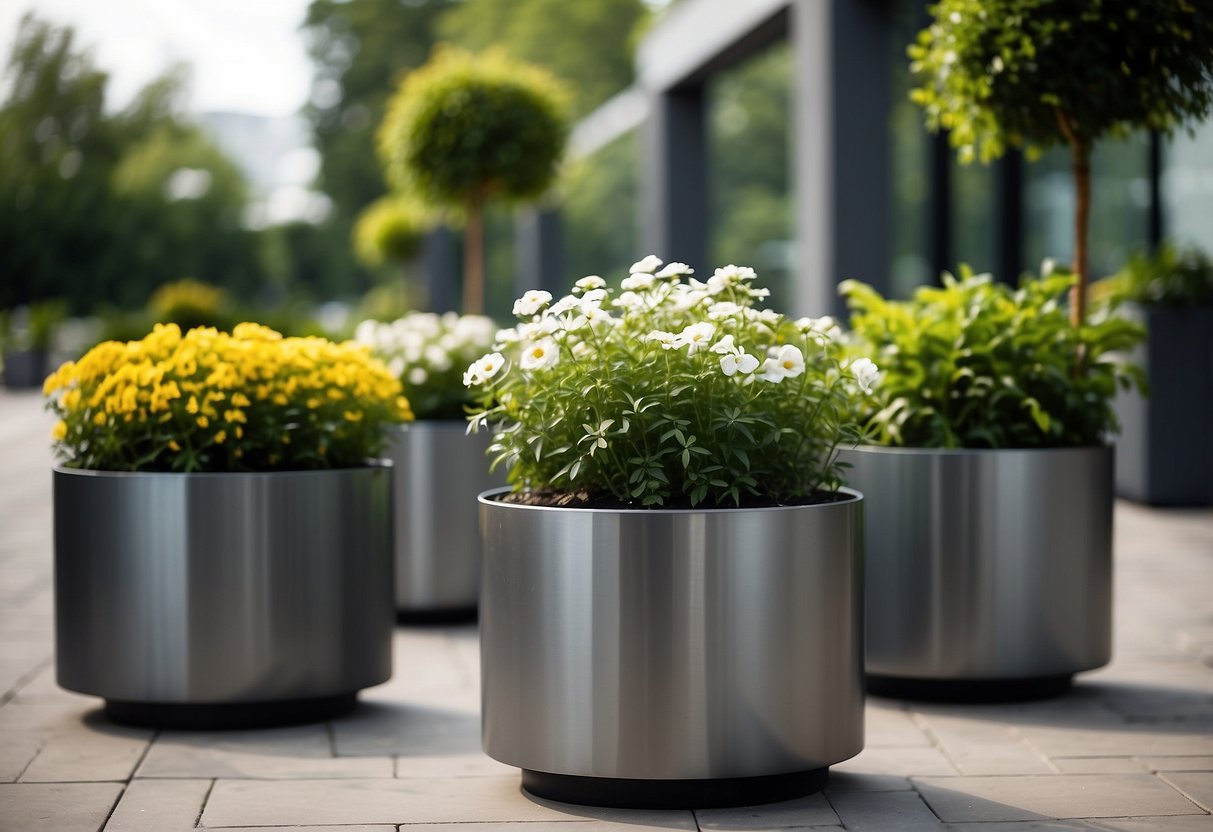 Steel planters arranged in a modern garden, filled with lush greenery and blooming flowers. The grey color of the planters contrasts beautifully with the vibrant natural elements