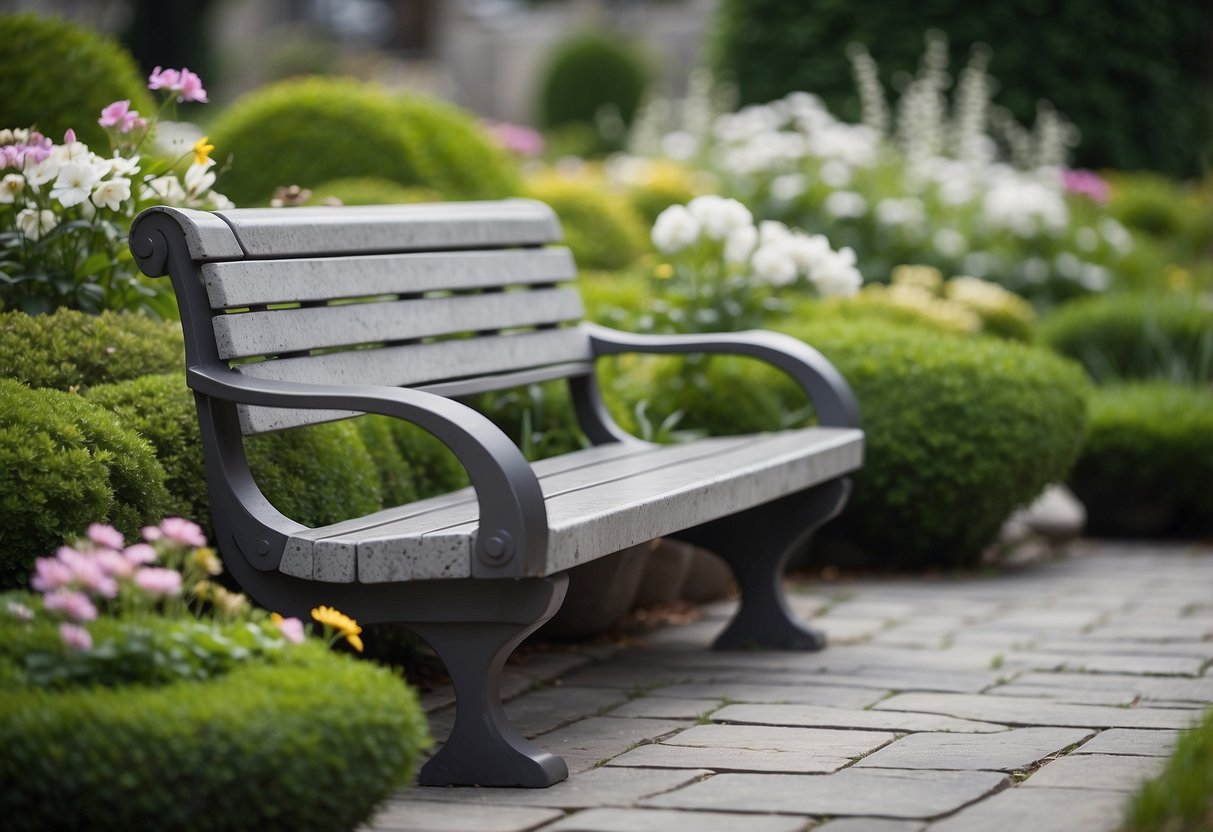 Grey granite benches sit amid a serene garden, surrounded by lush greenery and delicate flowers