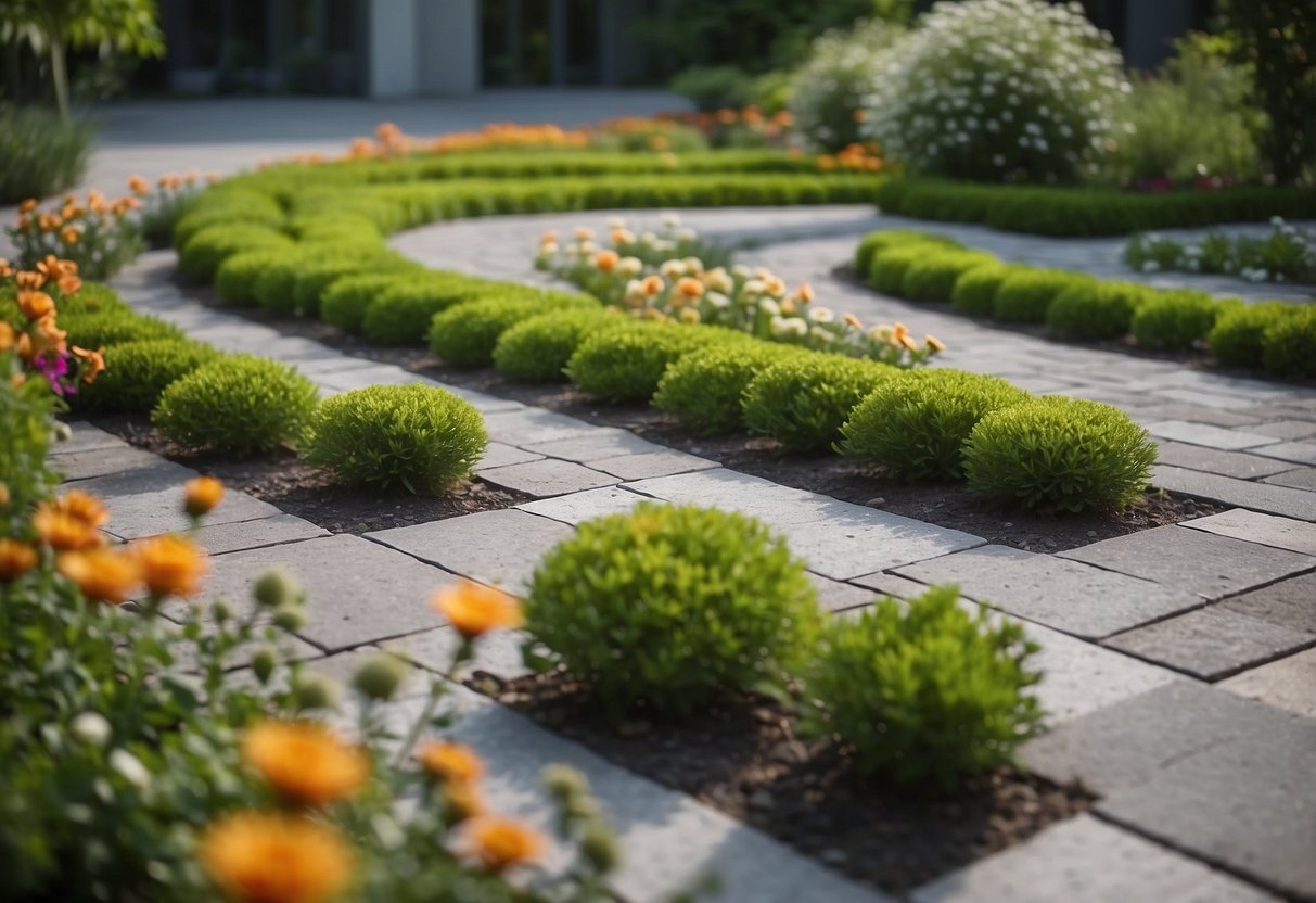 A garden with grey concrete pavers arranged in a geometric pattern, surrounded by lush greenery and blooming flowers