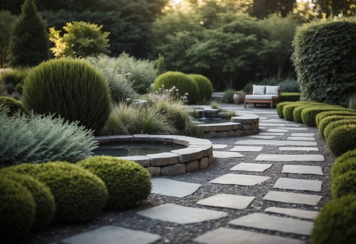 A tranquil garden with varying shades of grey foliage, featuring stone pathways, a water feature, and minimalist seating areas