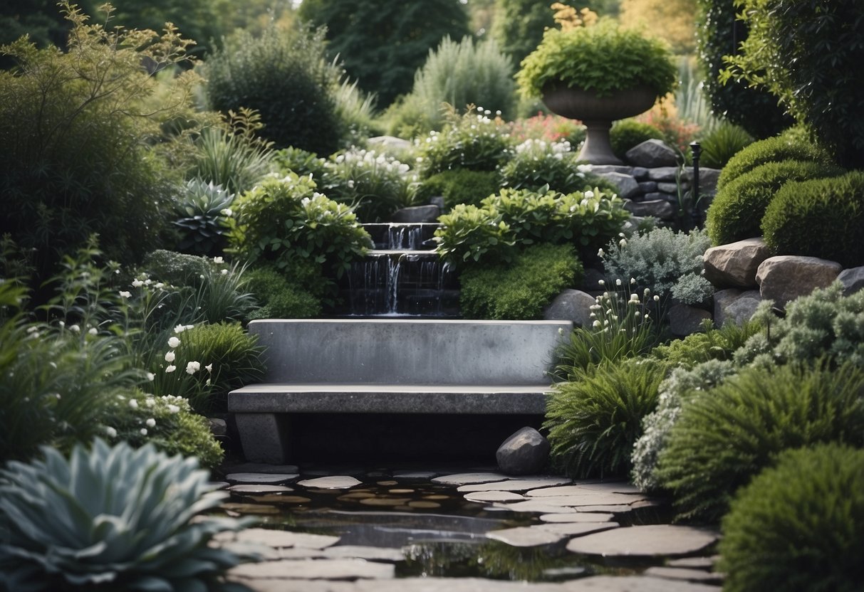 A serene grey garden with stone pathways, a weathered iron bench, and a cascading water feature surrounded by silver-hued plants and foliage