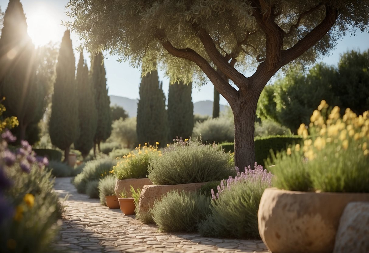 Lush green olive trees fill a sun-drenched Mediterranean garden, surrounded by colorful flowers and stone pathways. The gentle breeze carries the scent of herbs and the sound of chirping birds