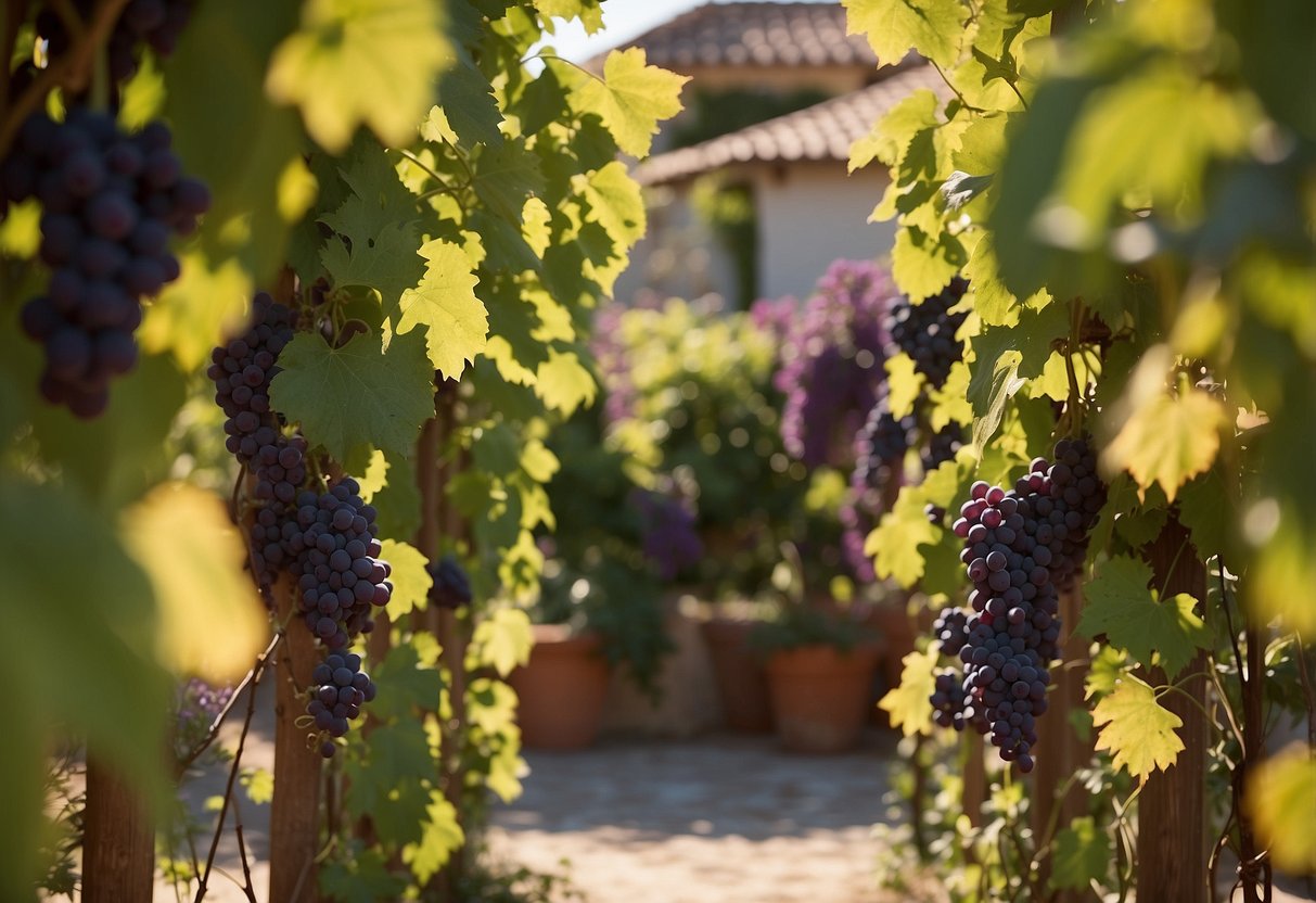 Lush grape vines intertwine on rustic trellises in a sun-drenched Mediterranean garden, surrounded by vibrant flowers and aromatic herbs