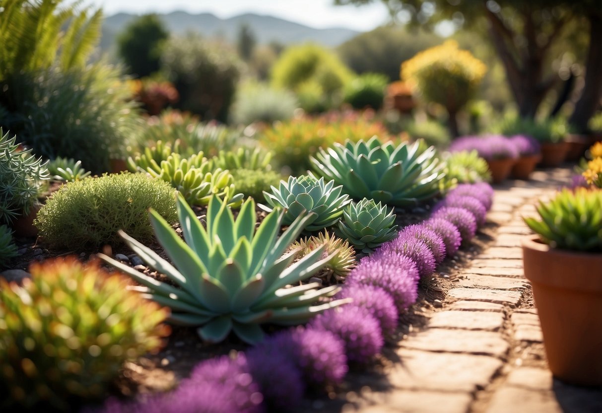 Lush succulent beds sprawl across a sun-drenched Mediterranean garden, with vibrant green and purple hues contrasting against the warm earth tones of the surrounding landscape