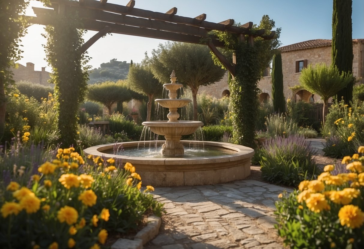 A Mediterranean garden with vibrant flowers, aromatic herbs, and lush greenery. A pergola provides shade, while a stone fountain adds a touch of tranquility