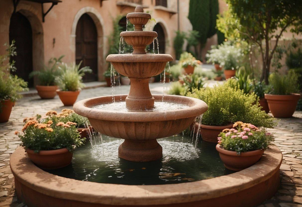 Lush greenery, vibrant flowers, and winding pathways create a serene Mediterranean garden. A stone fountain and terracotta pots add rustic charm