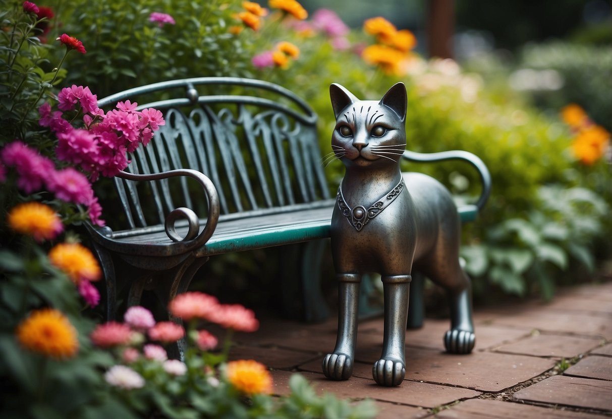 A whimsical metal cat bench sits in a garden, surrounded by colorful flowers and lush greenery. Its quirky design adds a playful touch to the outdoor space