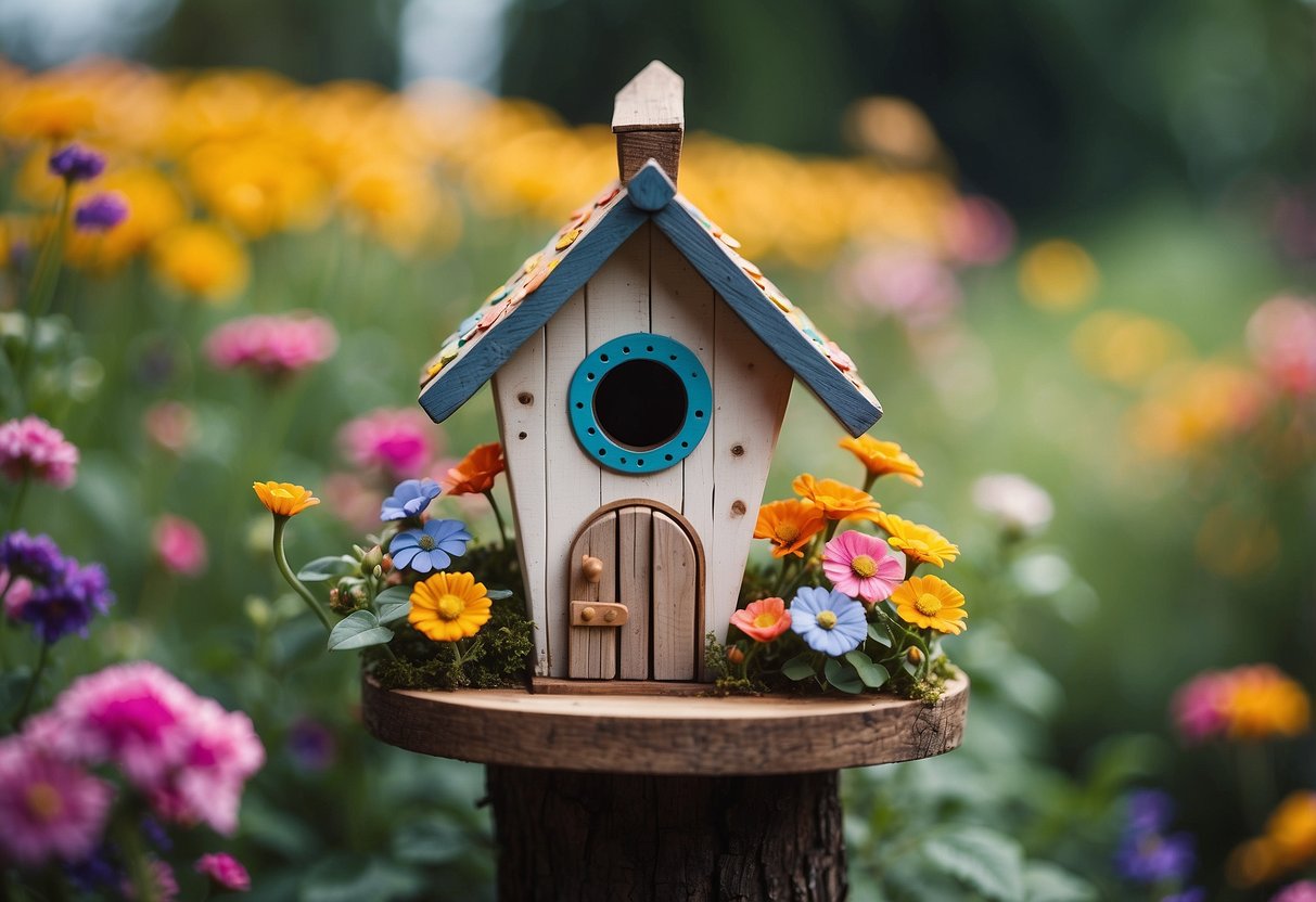 A whimsical birdhouse shaped like a fairy house, nestled among colorful flowers and quirky garden furniture