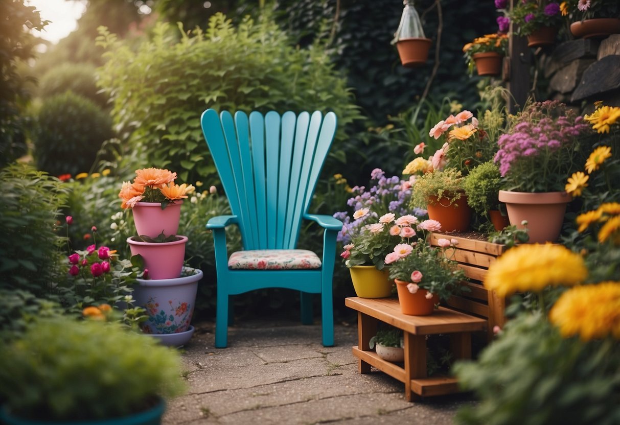 A whimsical garden scene with colorful, unconventional furniture like a teacup-shaped chair and a bookshelf made of stacked flower pots