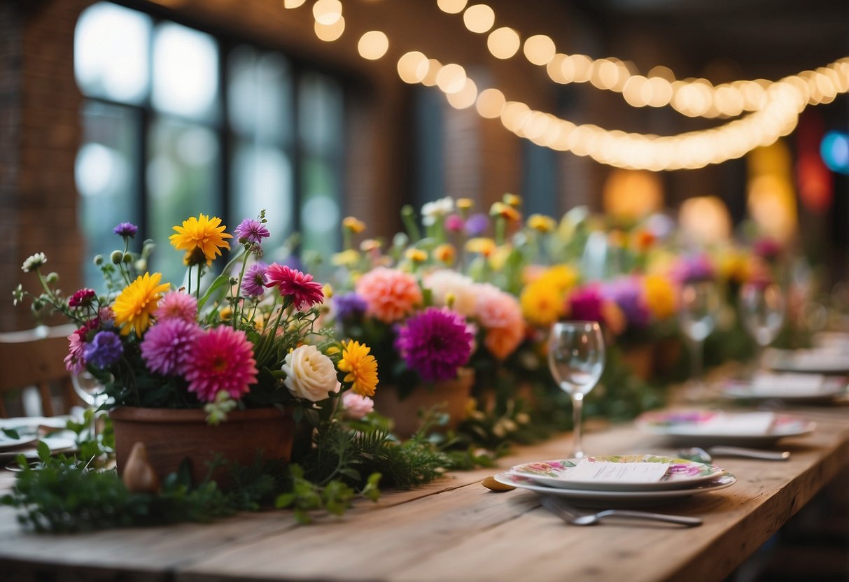 A table adorned with vibrant flowers and greenery, where guests can create their own flower crowns. Surrounding the station are twinkling fairy lights and colorful bunting, adding to the whimsical garden party atmosphere