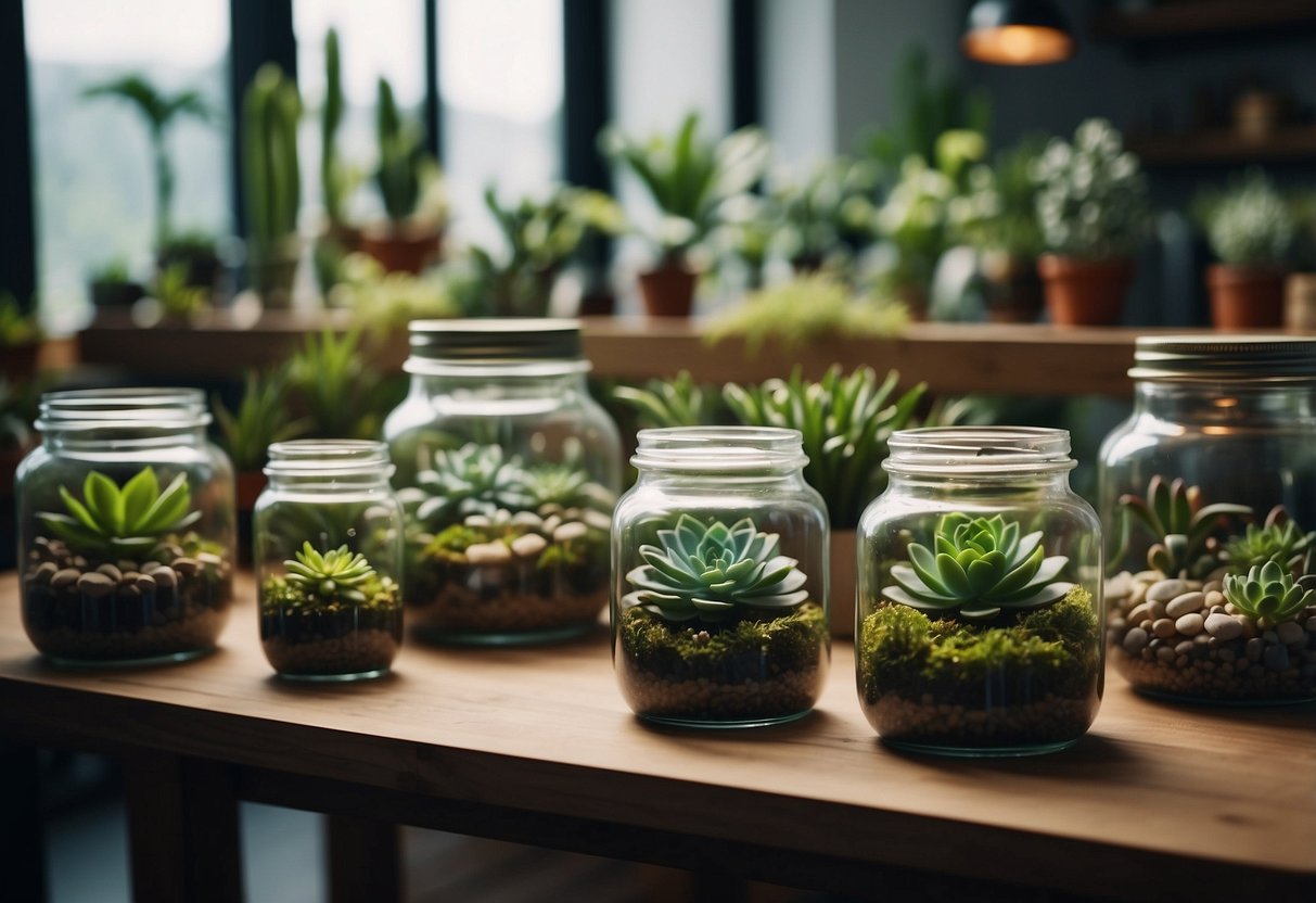 A table holds glass jars, succulents, and small tools. People gather around, creating terrariums. Greenery decorates the space