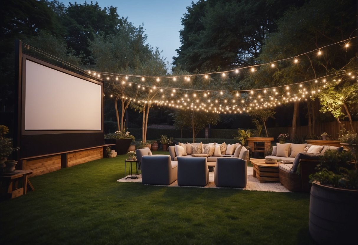 A large screen is set up in a lush garden, surrounded by fairy lights and comfortable seating. Guests enjoy snacks and drinks while watching a movie under the stars