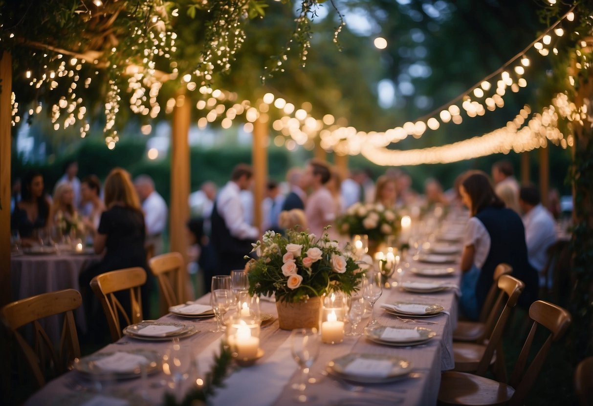 A garden filled with twinkling fairy lights, creating a magical canopy for a 21st birthday celebration. Tables adorned with floral centerpieces and elegant place settings, while guests mingle under the enchanting glow