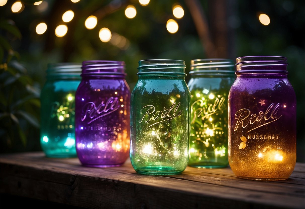 Colorful mason jars filled with drinks sit on a rustic wooden table in a lush garden. Fairy lights twinkle overhead, creating a warm and inviting atmosphere for a 21st birthday celebration