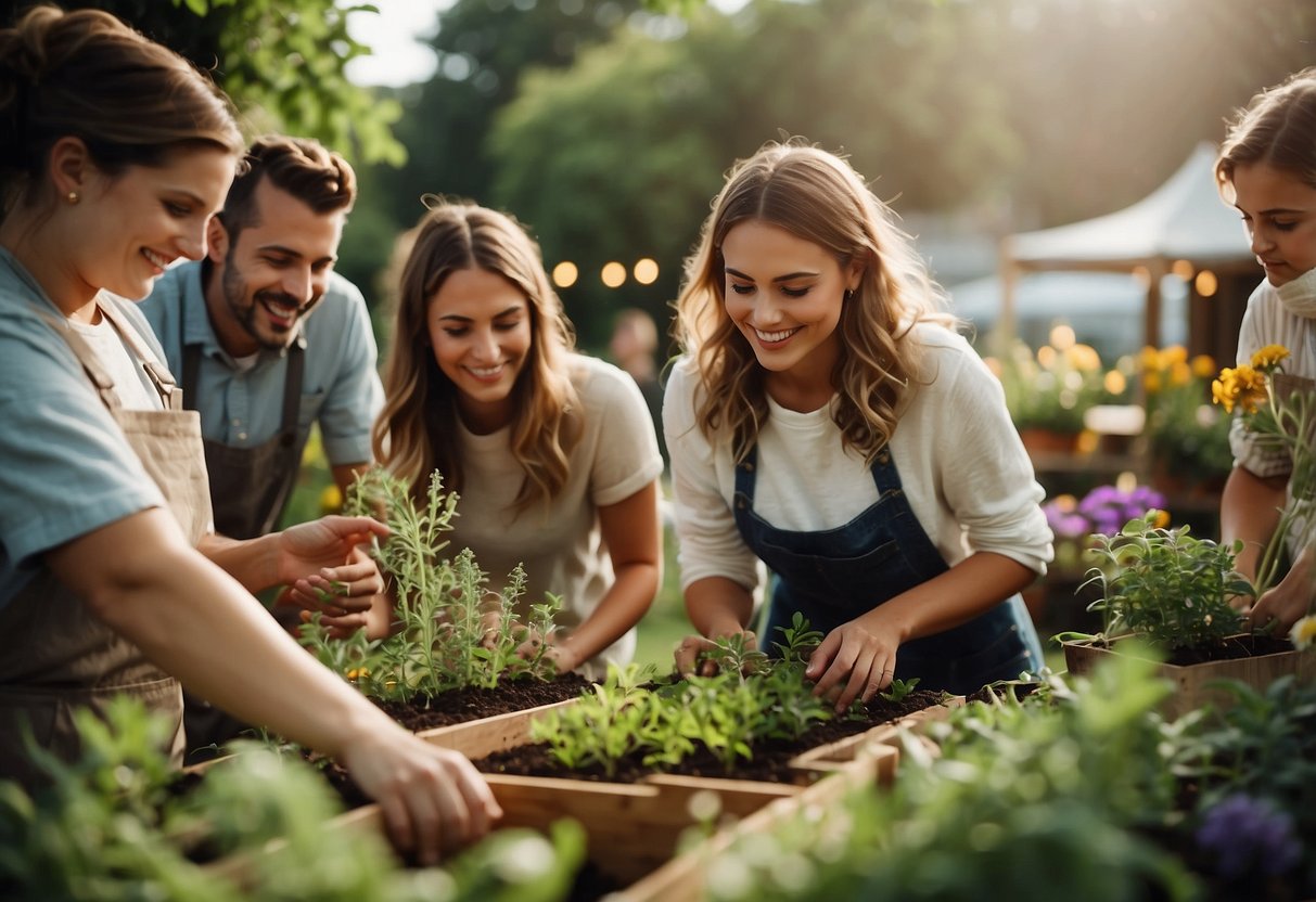 A group of people are planting herbs in a garden, surrounded by colorful decorations and birthday party supplies. The sun shines down on the joyful scene