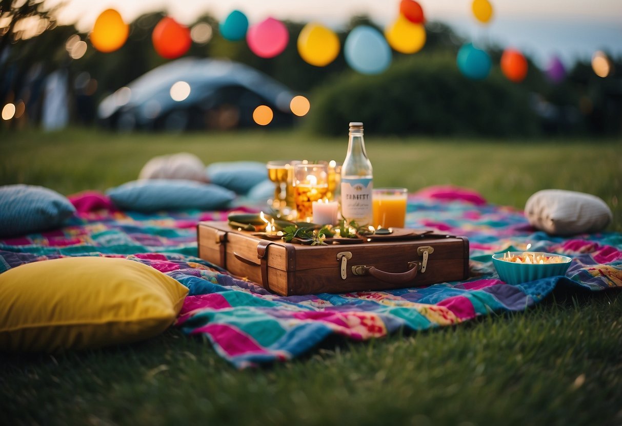 A colorful picnic blanket spread out on lush green grass, surrounded by vibrant flowers and twinkling fairy lights, set for a 21st birthday garden party