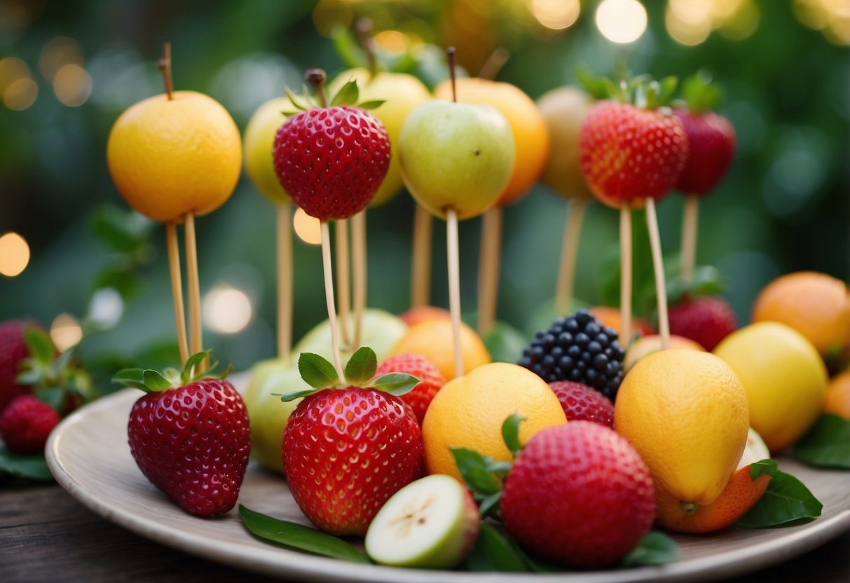 Colorful fruit skewers arranged on a platter, surrounded by vibrant floral decorations and twinkling string lights in a lush garden setting