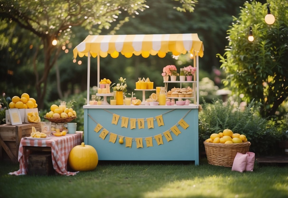 A colorful lemonade stand with various mix-ins sits in a lush garden, surrounded by festive decorations and happy party guests